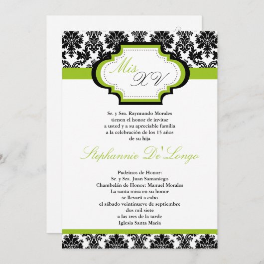 5x7 Lime Green Damask Quinceanera Uitnodiging (Voorkant / Achterkant)