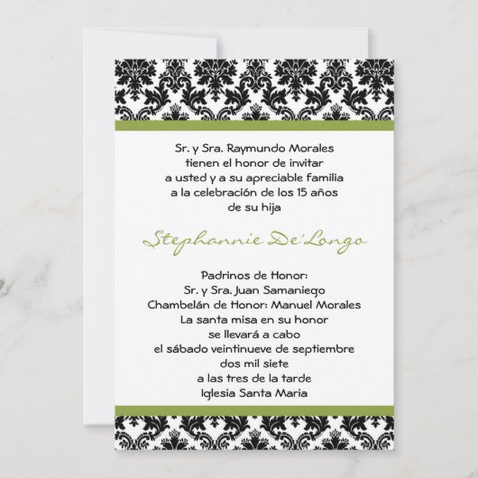 5x7 Lime Green Damask Quinceanera Uitnodiging (Voorkant)