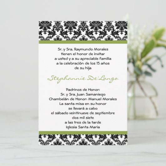 5x7 Lime Green Damask Quinceanera Uitnodiging (Staand voorkant)