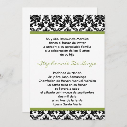 5x7 Lime Green Damask Quinceanera Uitnodiging (Voorkant / Achterkant)