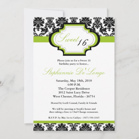 5x7 Lime Green Damask Sweet 16 Birthday Invitation Kaart (Voorkant)
