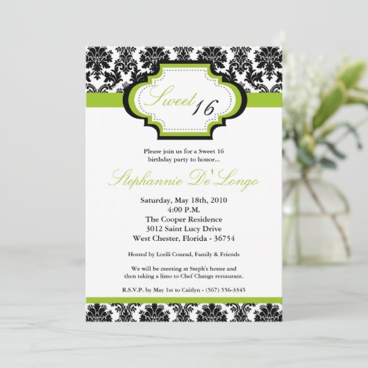 5x7 Lime Green Damask Sweet 16 Birthday Invitation Kaart (Staand voorkant)