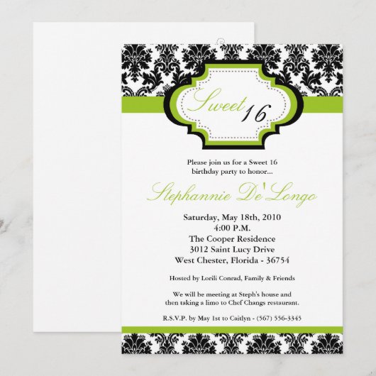 5x7 Lime Green Damask Sweet 16 Birthday Invitation Kaart (Voorkant / Achterkant)