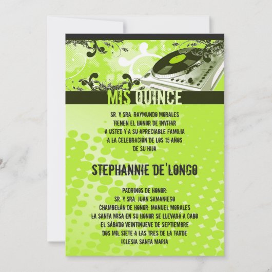 5x7 Lime Green DJ Platenspeler Quinceanera Uitnodi Kaart (Voorkant)