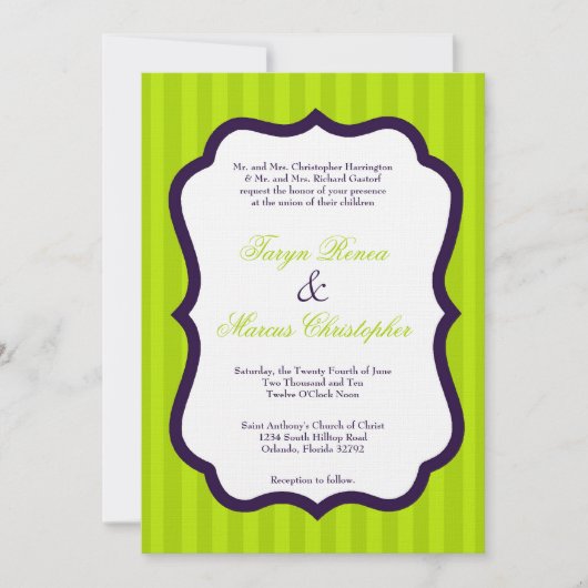 5x7 Lime Green en Paarse Linen Wedding Invitation Kaart (Voorkant)
