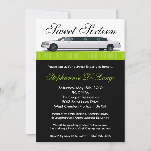5x7 Lime Green Limo Sweet 16 Birthday Invitation Kaart (Voorkant)