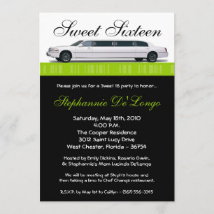 5x7 Lime Green Limo Sweet 16 Birthday Invitation Kaart