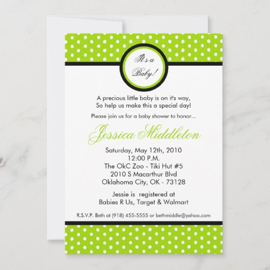 5x7 Lime Green Polka Dot Baby shower Invitation Kaart (Voorkant)