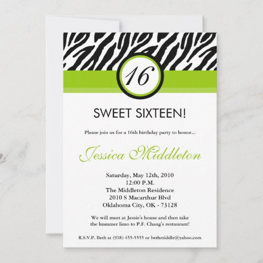 5x7 Lime Green Zebra 16th Birthday Invitation Kaart (Voorkant)