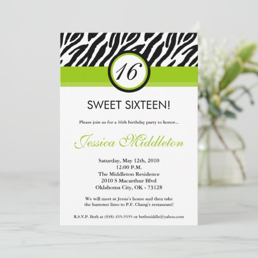 5x7 Lime Green Zebra 16th Birthday Invitation Kaart (Staand voorkant)
