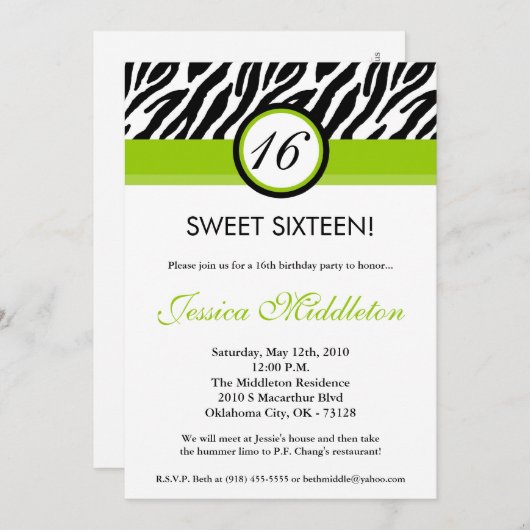 5x7 Lime Green Zebra 16th Birthday Invitation Kaart (Voorkant / Achterkant)