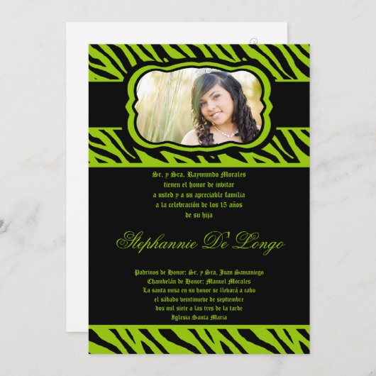 5x7 Lime Green Zebra Print Quinceanera Uitnodiging (Voorkant / Achterkant)