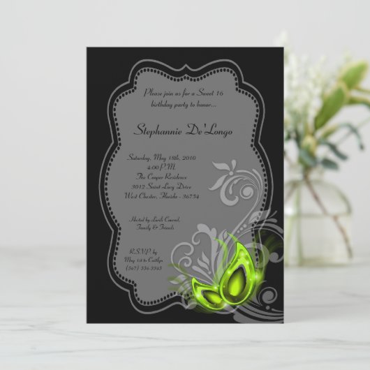 5x7 Limoen Masquerade Sweet 16 Verjaardagsuitnodig Kaart (Staand voorkant)