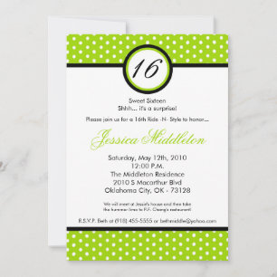 5x7 Limoen White Polka Dot 16th Birthday Invitatio Kaart
