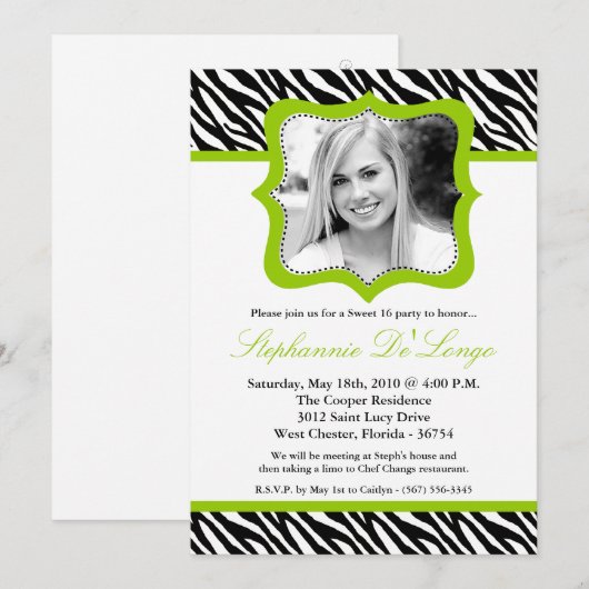 5x7 Limoen Zebra FOTO Sweet 16 Birthday Uitnodigin Kaart (Voorkant / Achterkant)