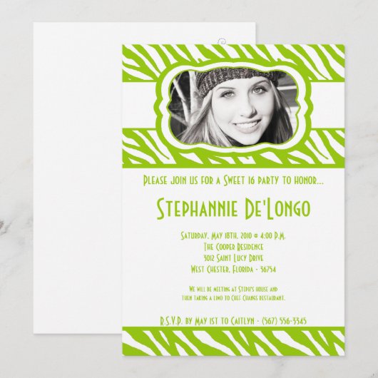 5x7 Limoen Zebra FOTO Sweet 16 Verjaardag Uitnodig Kaart (Voorkant / Achterkant)