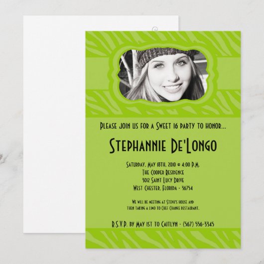 5x7 Limoen Zebra FOTO Sweet 16 Verjaardag Uitnodig Kaart (Voorkant / Achterkant)