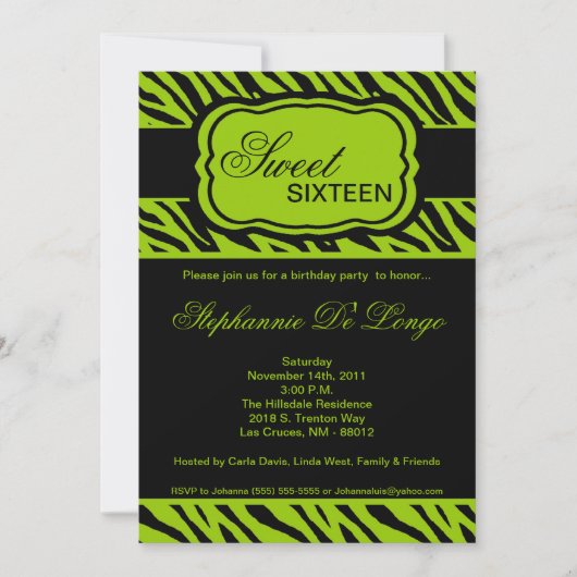 5x7 Limoen Zebra Print Birthday Party Invitation Kaart (Voorkant)