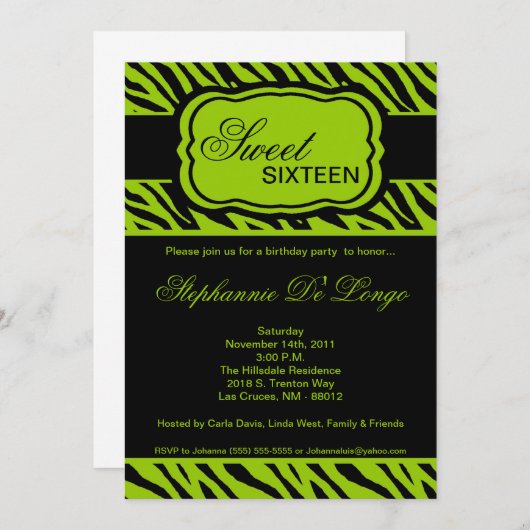 5x7 Limoen Zebra Print Birthday Party Invitation Kaart (Voorkant / Achterkant)