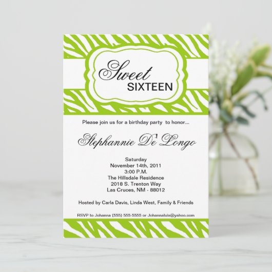 5x7 Limoen Zebra Print Birthday Party Invitation Kaart (Staand voorkant)