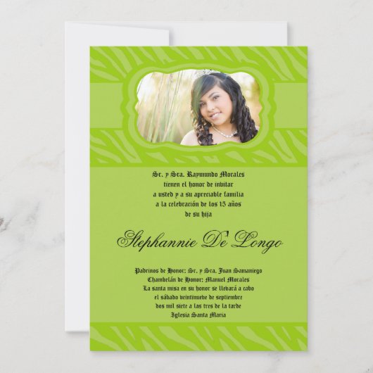 5x7 Limoen zebra print patroon quinceanera uitnodi Kaart (Voorkant)