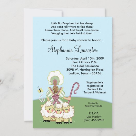 5x7 Little Bo Peep Nursery Baby shower Invitation Kaart (Voorkant)