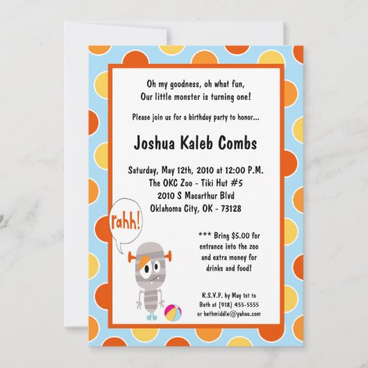 5x7 Little Monster Birthday Party Invitation Kaart (Voorkant)