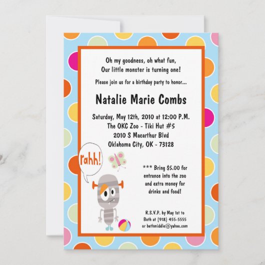 5x7 Little Monster Birthday Party Invitation Kaart (Voorkant)
