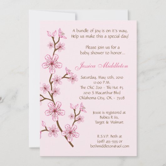 5x7 Lt roze Cherry Blossom Baby shower Invitation Kaart (Voorkant)