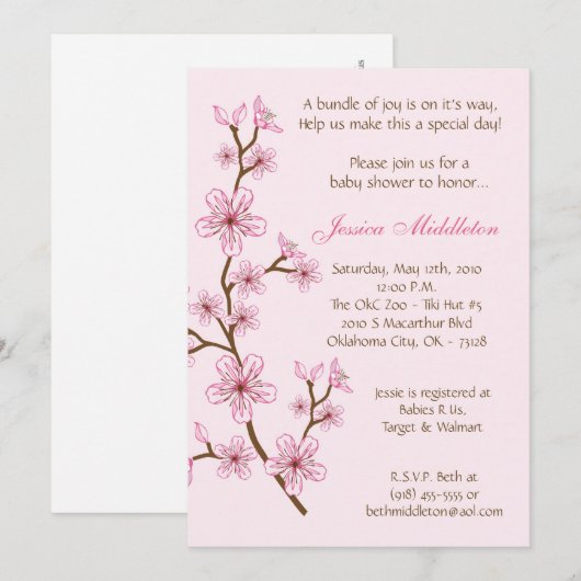 5x7 Lt roze Cherry Blossom Baby shower Invitation Kaart (Voorkant / Achterkant)