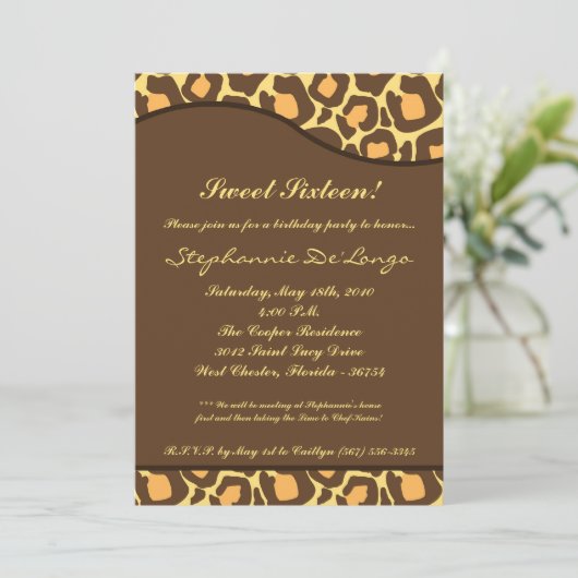 5x7 luipaard print Sweet 16-jarige party Invite Kaart (Staand voorkant)