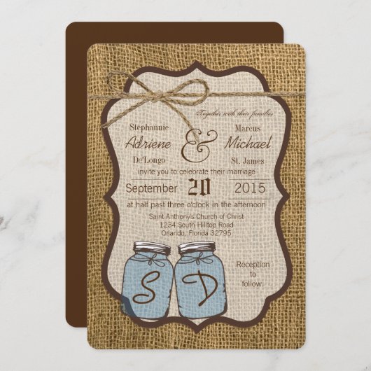 5x7 Mason Jar Burlap Country bruiloft uitnodiging (Voorkant / Achterkant)