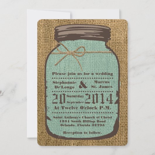 5x7 Mason Jar Burlap Country bruiloft uitnodiging (Voorkant)