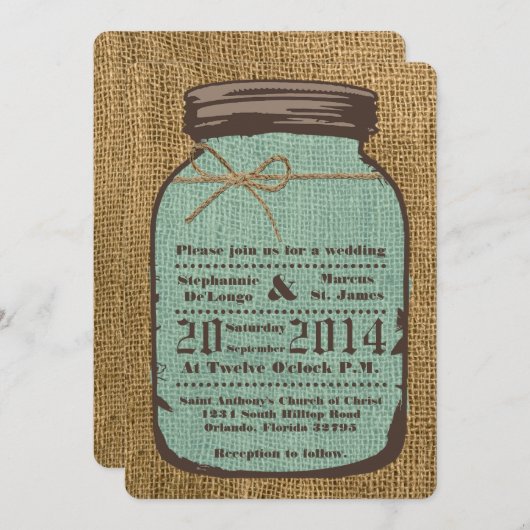 5x7 Mason Jar Burlap Country bruiloft uitnodiging (Voorkant / Achterkant)