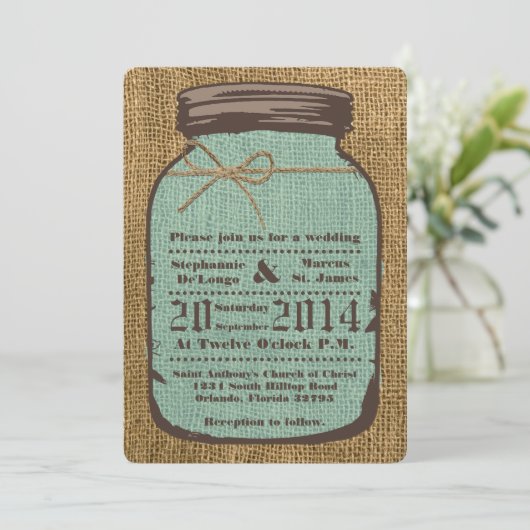5x7 Mason Jar Burlap Country bruiloft uitnodiging (Staand voorkant)