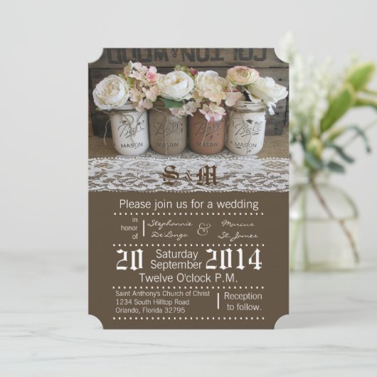 5x7 Mason Jar Rozen Rustieke bruiloft uitnodiging (Staand voorkant)
