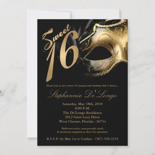 5x7 Masquerade Mask Sweet 16 Birthday Invitation Kaart (Voorkant)