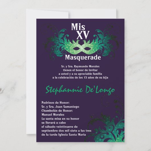5x7 Masquerade Quinceanera Birthday Uitnodiging (Voorkant)