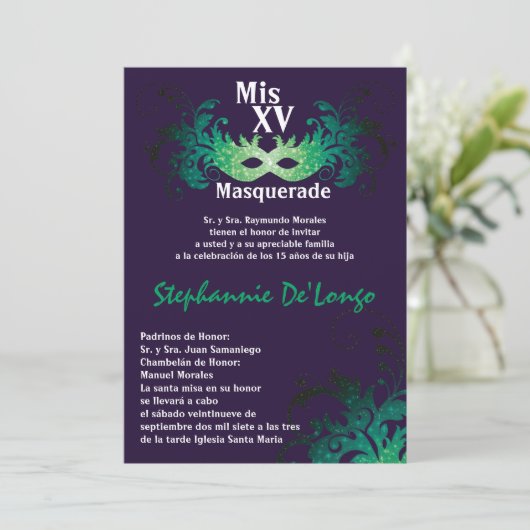 5x7 Masquerade Quinceanera Birthday Uitnodiging (Staand voorkant)
