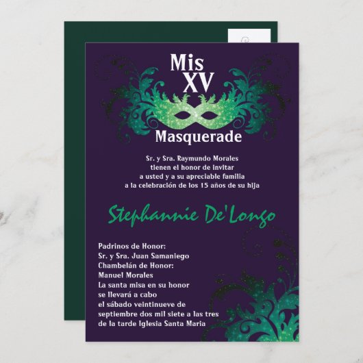 5x7 Masquerade Quinceanera Birthday Uitnodiging (Voorkant / Achterkant)