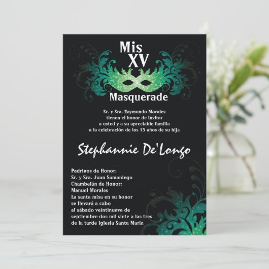 5x7 Masquerade Quinceanera Birthday Uitnodiging (Staand voorkant)