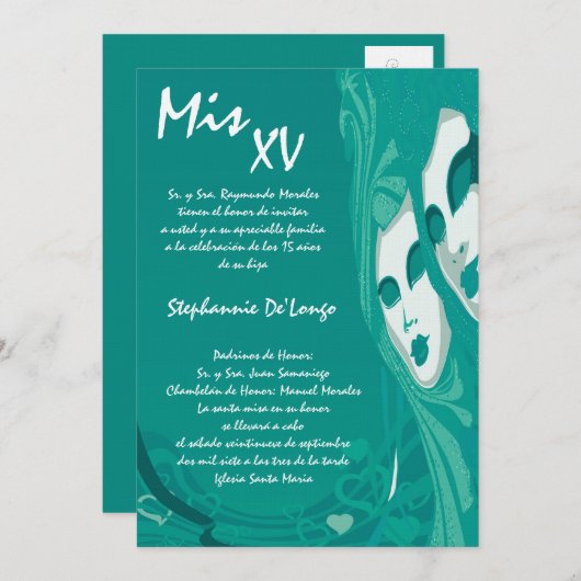 5x7 Masquerade Quinceanera Birthday Uitnodiging (Voorkant / Achterkant)