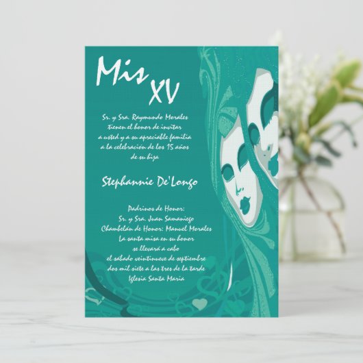 5x7 Masquerade Quinceanera Birthday Uitnodiging (Staand voorkant)