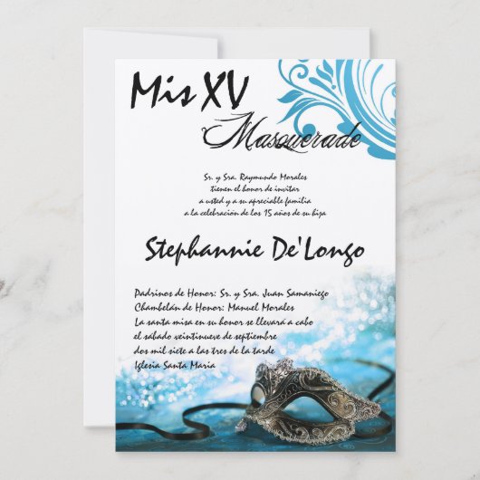 5x7 Masquerade Quinceanera Birthday Uitnodiging (Voorkant)