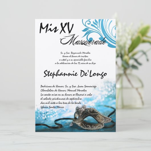 5x7 Masquerade Quinceanera Birthday Uitnodiging (Staand voorkant)