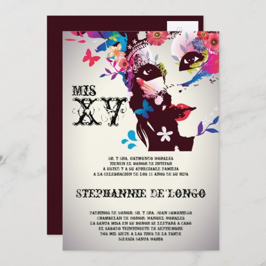 5x7 Masquerade Quinceanera Birthday Uitnodiging (Voorkant / Achterkant)