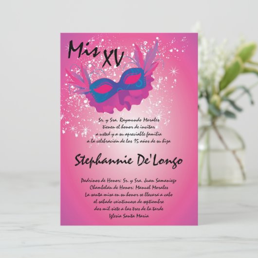 5x7 Masquerade Quinceanera Birthday Uitnodiging (Staand voorkant)