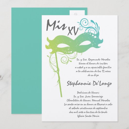 5x7 Masquerade Quinceanera Birthday Uitnodiging (Voorkant / Achterkant)