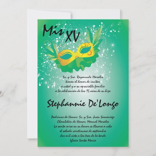5x7 Masquerade Quinceanera Birthday Uitnodiging (Voorkant)