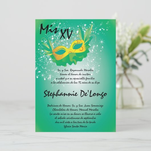 5x7 Masquerade Quinceanera Birthday Uitnodiging (Staand voorkant)